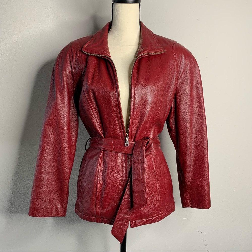 Wilson Leather Vintage Burgundy Leather Belted Jacket Coat - Picture 4 of 11